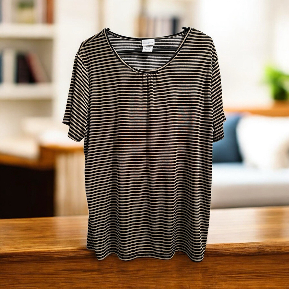 Jaclyn Smith Soft Blouse Top Womens XXL Gold Black Stripes Short Sleeves Pleats